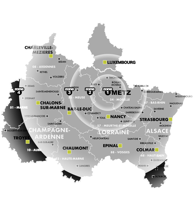 Plan géographique des zones de tarifs DJ mariage Agence SOA à Metz et environs